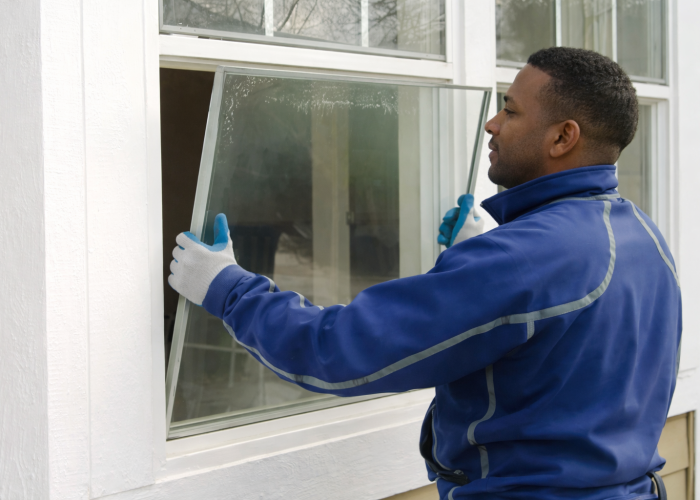 man installing window